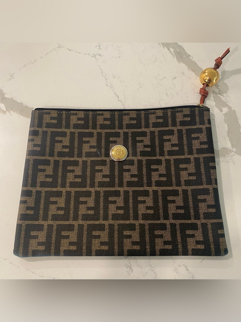 FENDI Brown Monogram Zip Pouch Clutch Cosmetic Bag Ball Zipper Pull